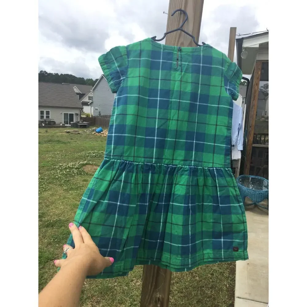 Tea girls short sleeve dress size 8 shirt‎ green blue plaid cotton preppy